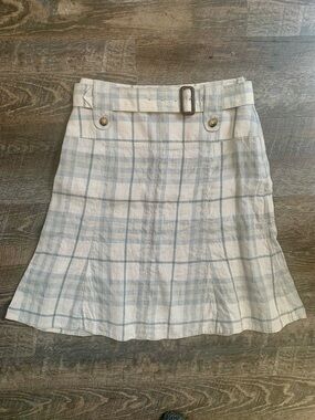 Burberry Light Grey and Beige/Greige  Plaid A-Line Belted Skirt